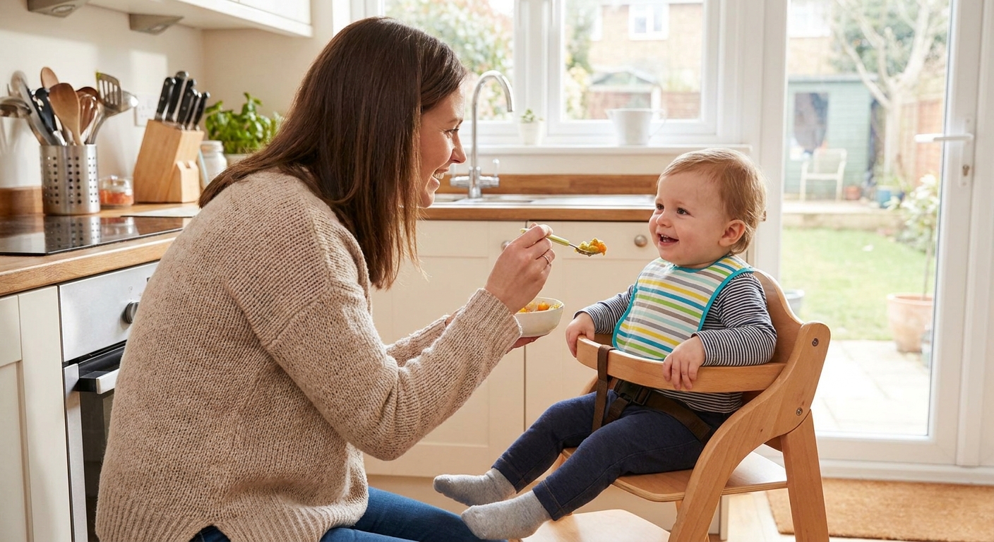 A parent offering a toddler a small bite of soft food while the toddler sits upright in a high chair with a footrest, realistic kitchen photo