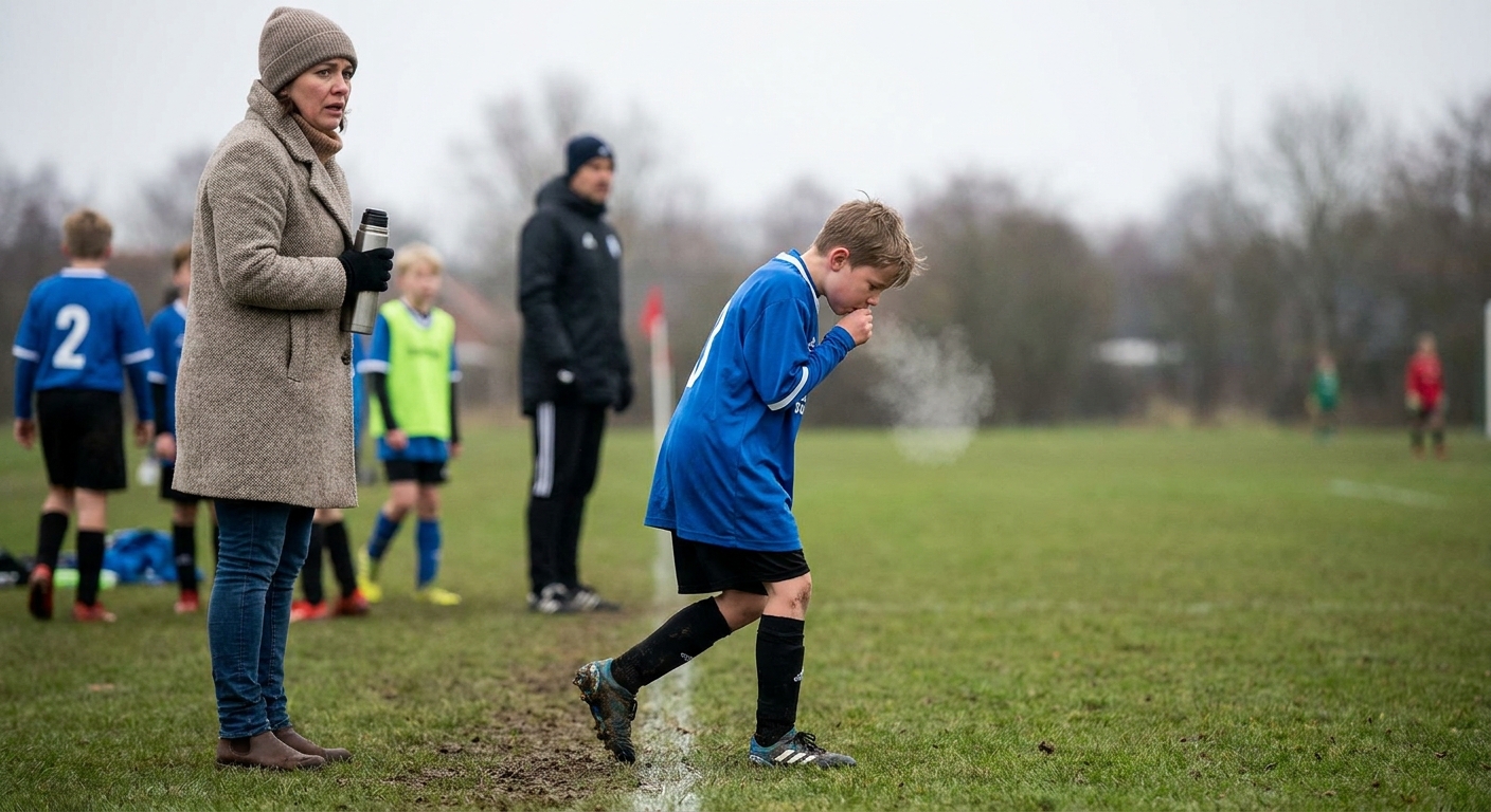 A parent on the sidelines watching a child in a soccer uniform pause during practice and cough, outdoor field in cool weather, candid real-life photo