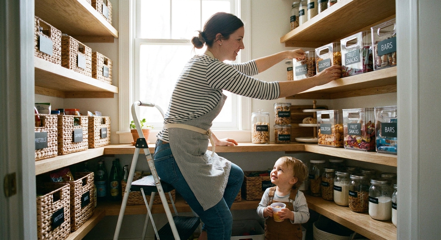 A parent organizing a kitchen pantry shelf with clearly separated snack bins while a toddler stands nearby holding a snack cup