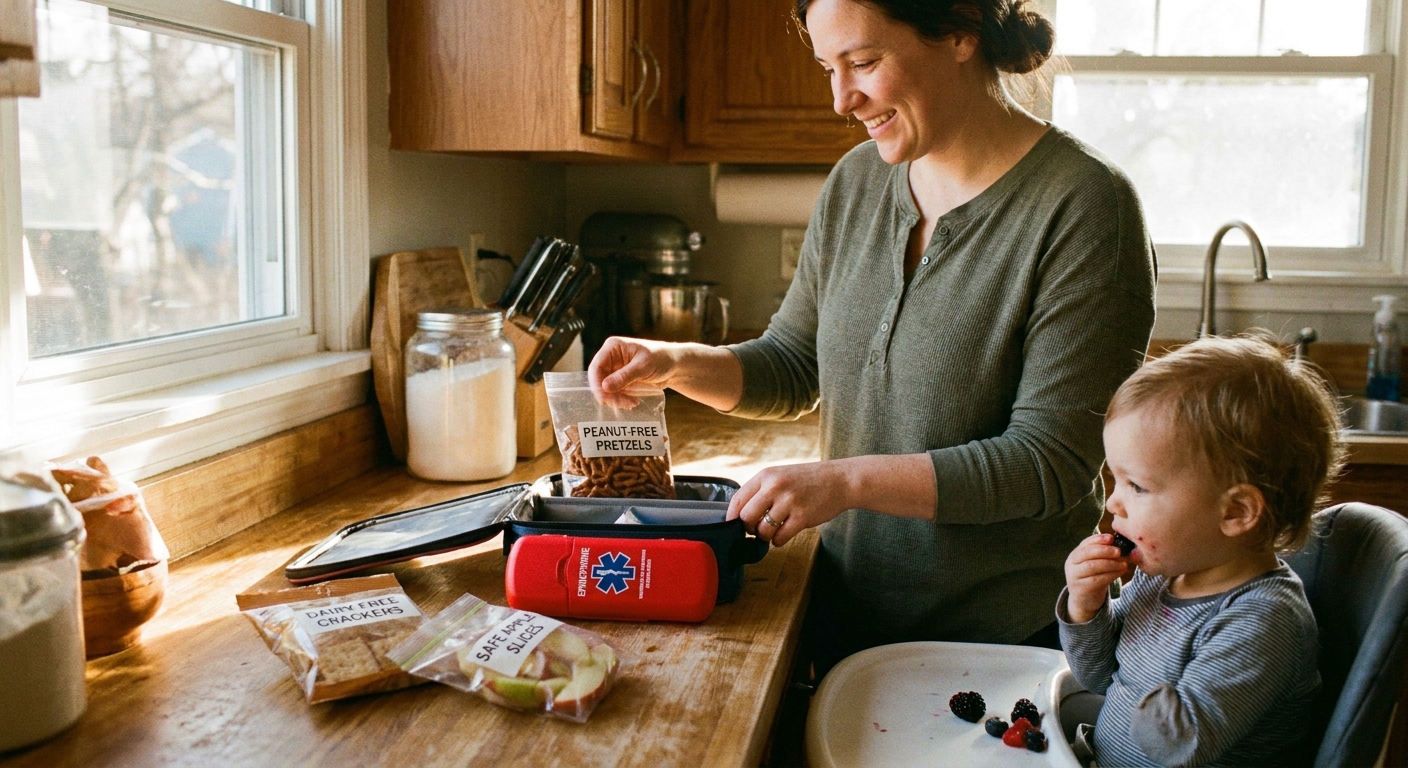 A parent packing a toddler lunch in a kitchen, placing labeled safe snacks into a small lunchbox next to an epinephrine carrying case, warm morning light photo