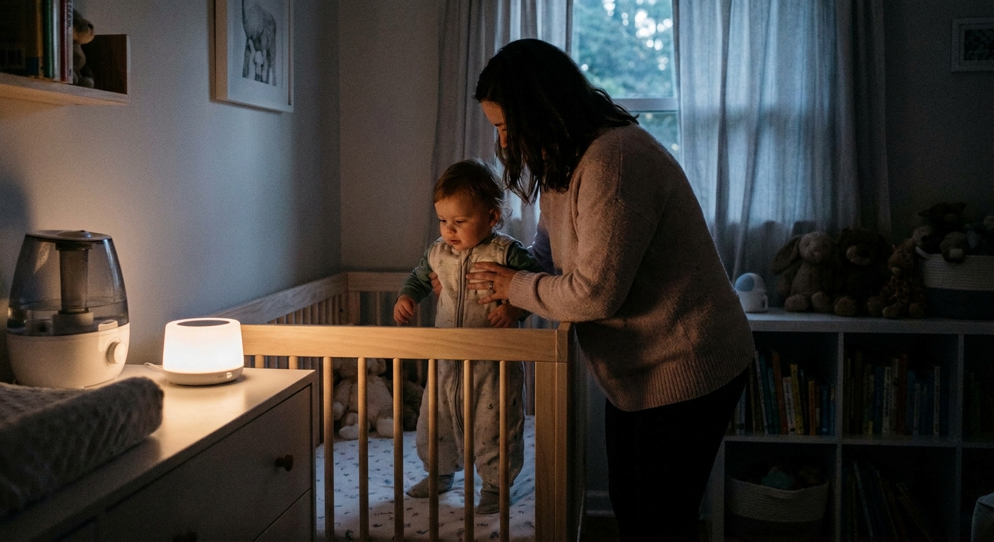 A parent placing a 14-month-old toddler into a crib in a dim nursery with soft white noise machine glow, calm bedtime routine moment, real-life photo