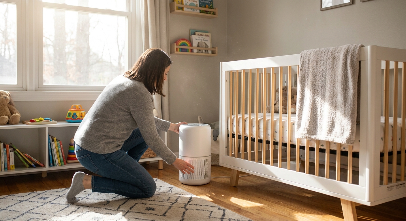 A parent placing a portable HEPA air purifier on the floor of a child’s bedroom near a crib while sunlight comes through a window, realistic indoor photo