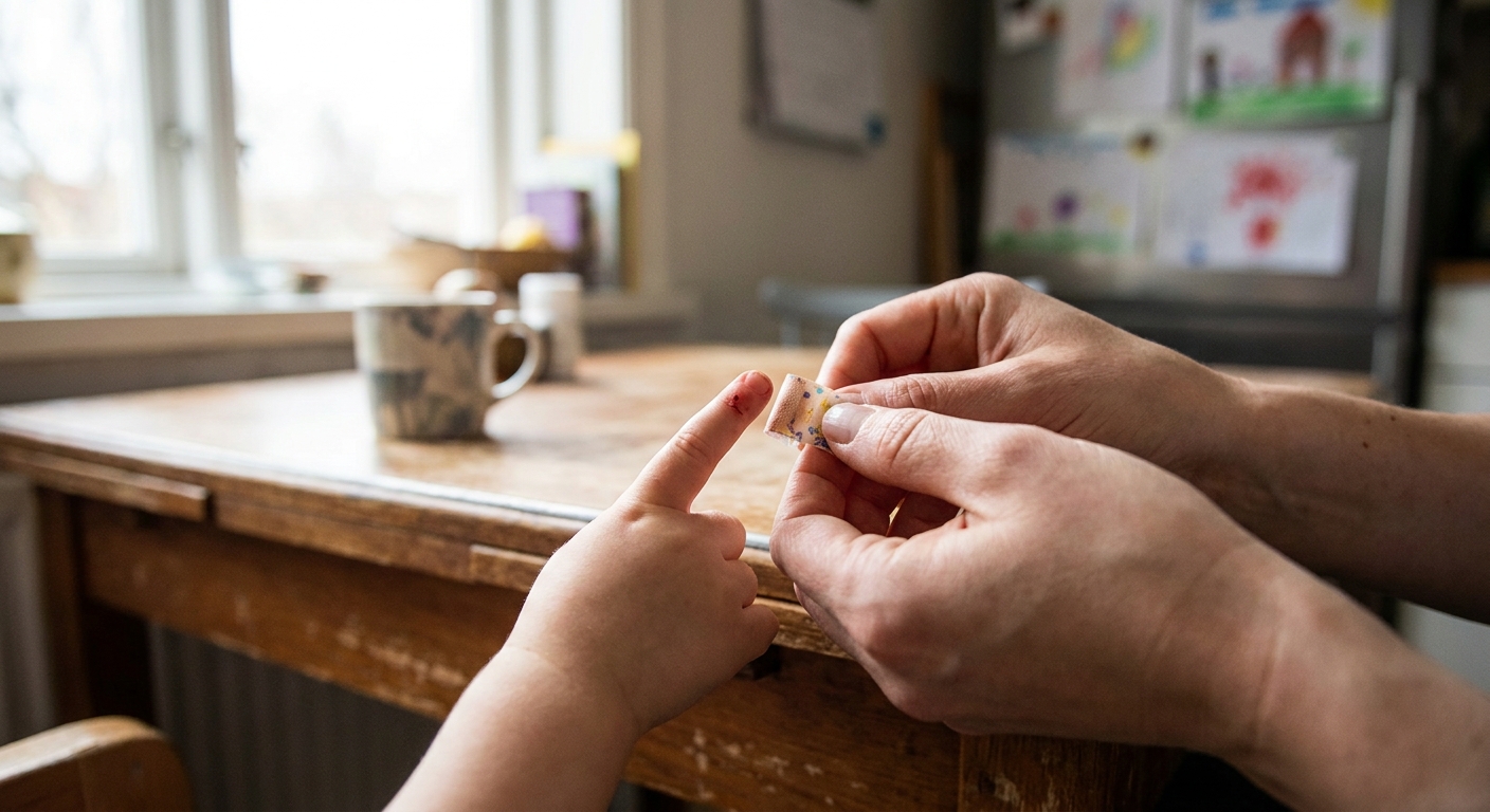 A parent placing a small adhesive bandage on a young child's fingertip at home, close up realistic photo