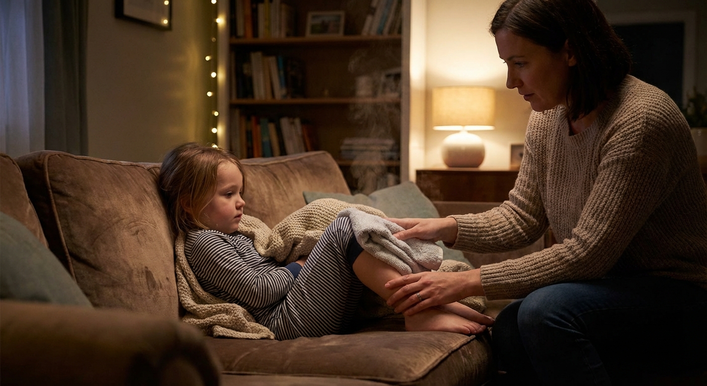 A parent placing a warm cloth compress over a child’s shin while the child rests on a couch in pajamas, cozy evening indoor lighting, realistic photo