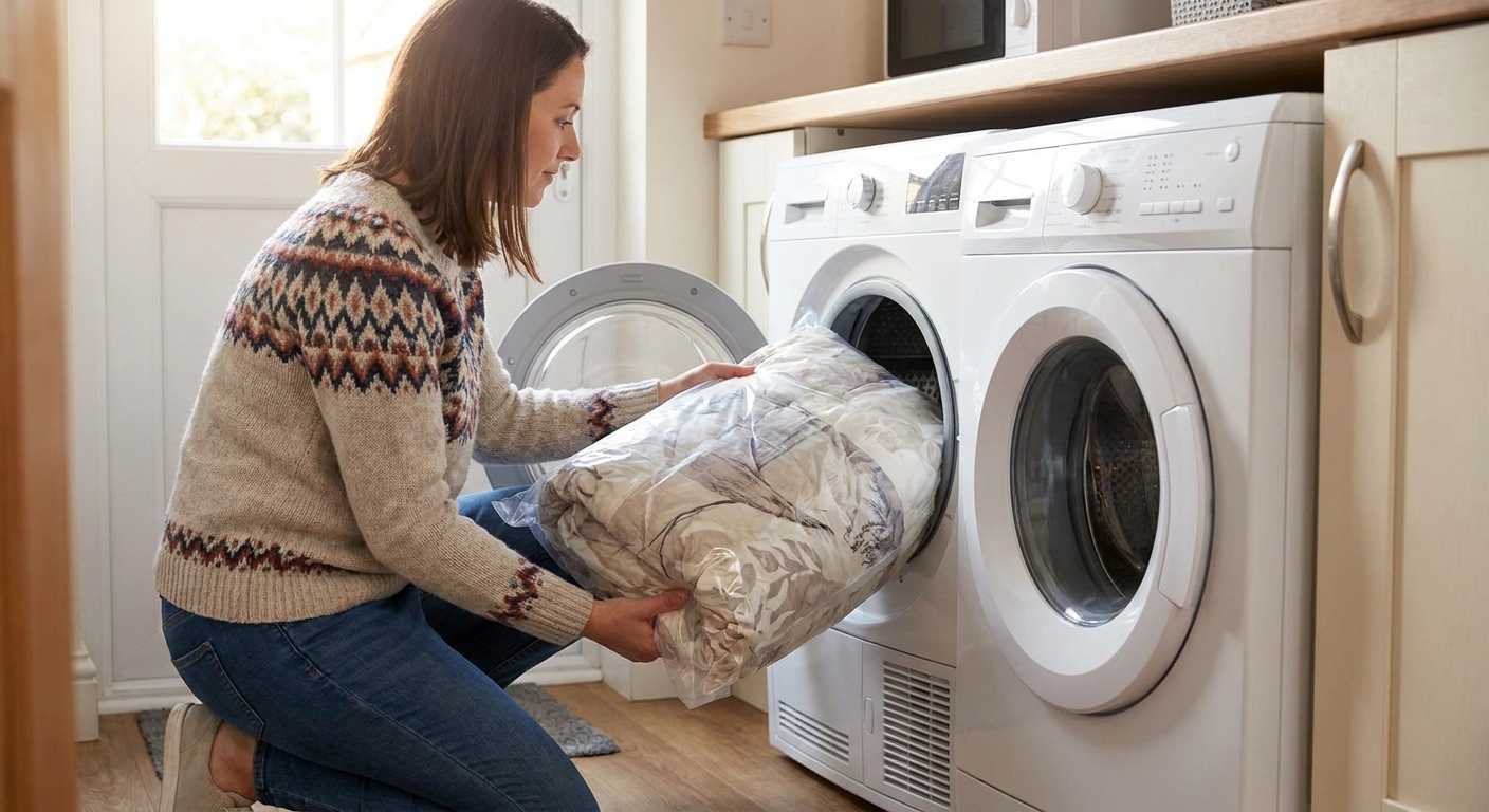 A parent placing sealed bedding into a household dryer in a laundry room, realistic photo
