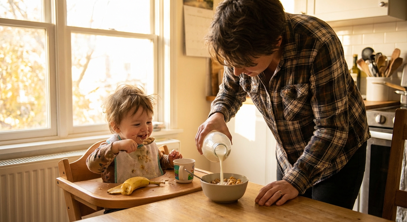 A parent pouring milk at a kitchen table while a toddler eats breakfast in a high chair, soft morning light through a window, candid photorealistic family lifestyle photo