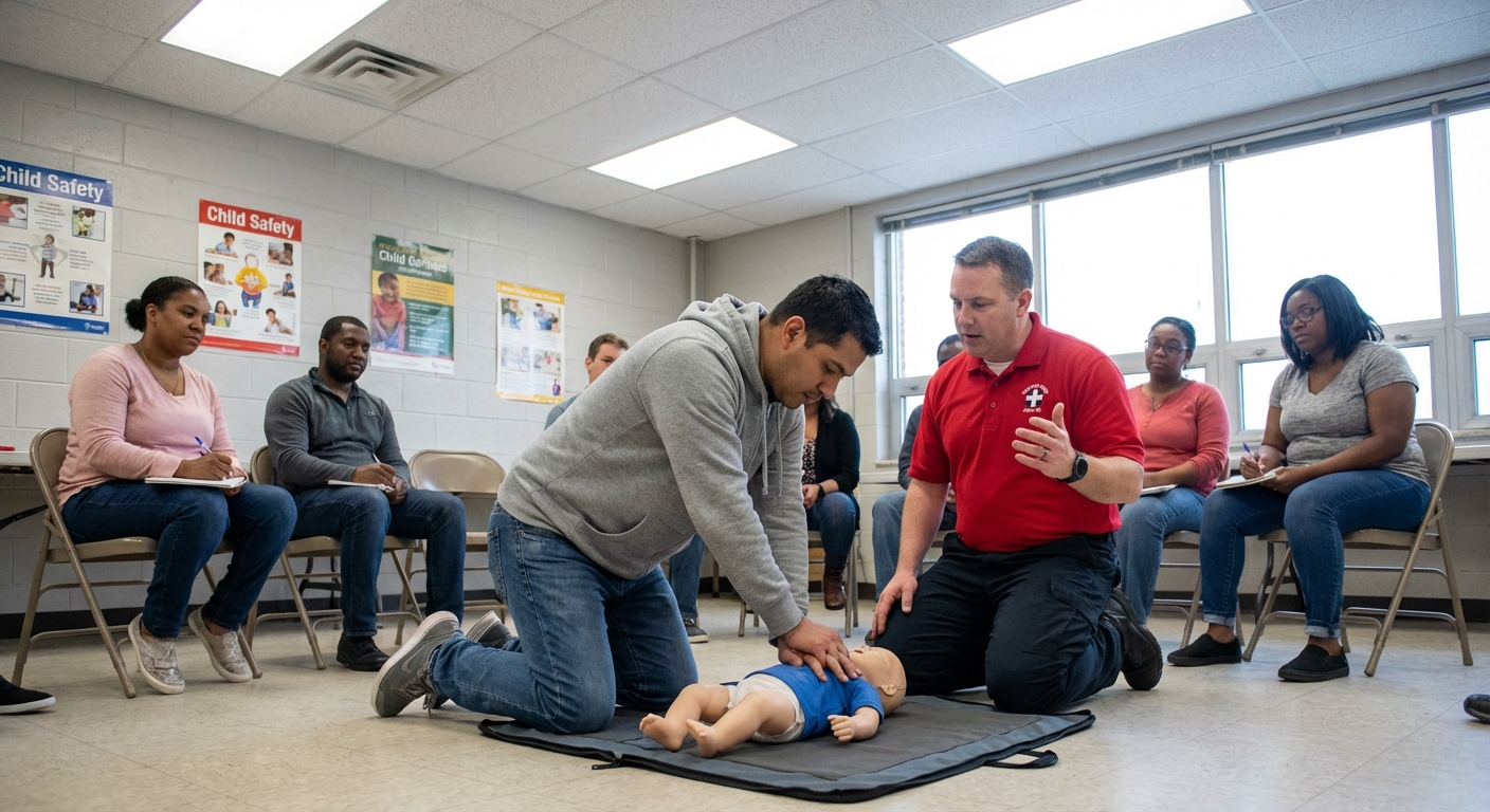 A parent practicing infant CPR and choking relief skills on a baby manikin during a certified first aid class, instructor kneeling nearby in a community center classroom, realistic documentary photo