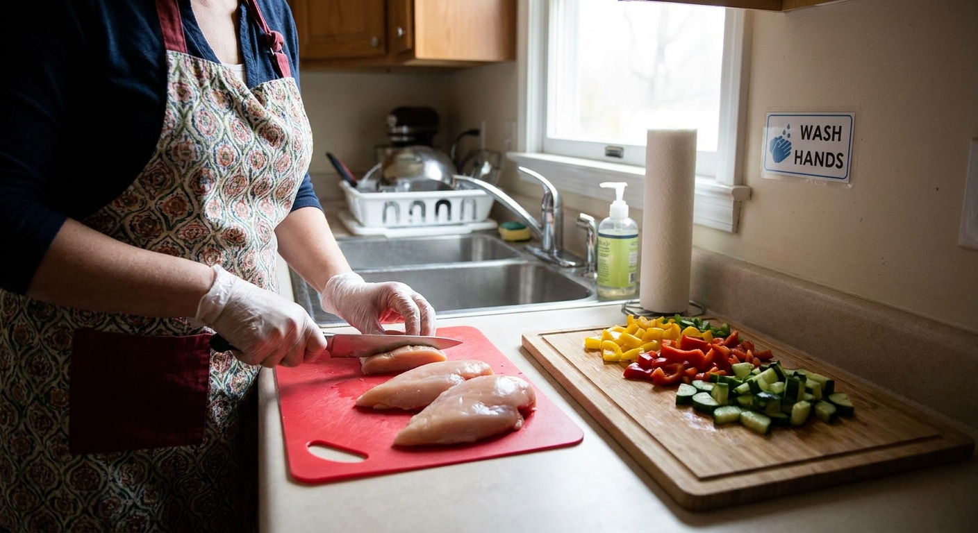 A parent preparing raw chicken on a cutting board in a home kitchen with a separate board nearby for vegetables, real-life food safety photo