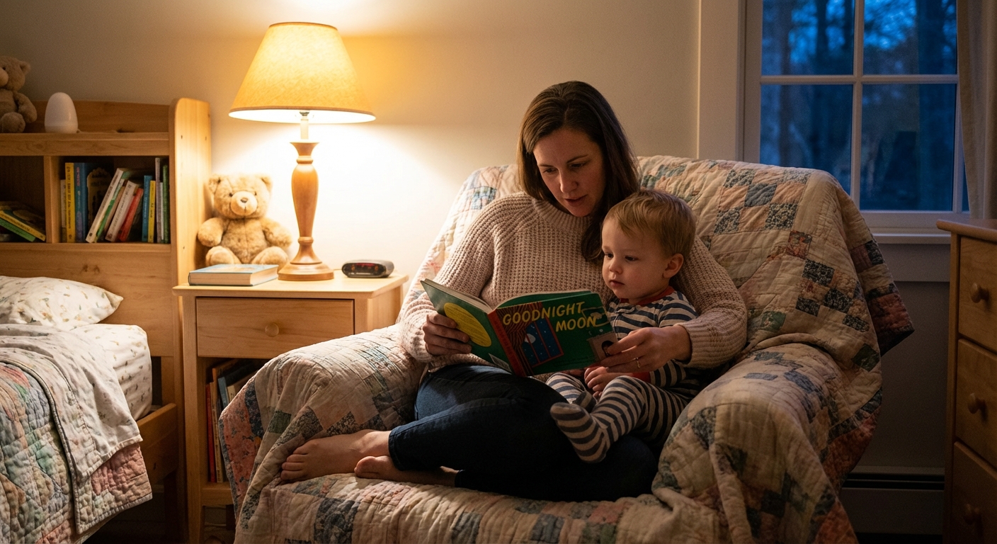 A parent reading a bedtime book to a toddler in a cozy bedroom with warm lamplight, the toddler sitting in pajamas on the bed listening quietly, realistic home photography