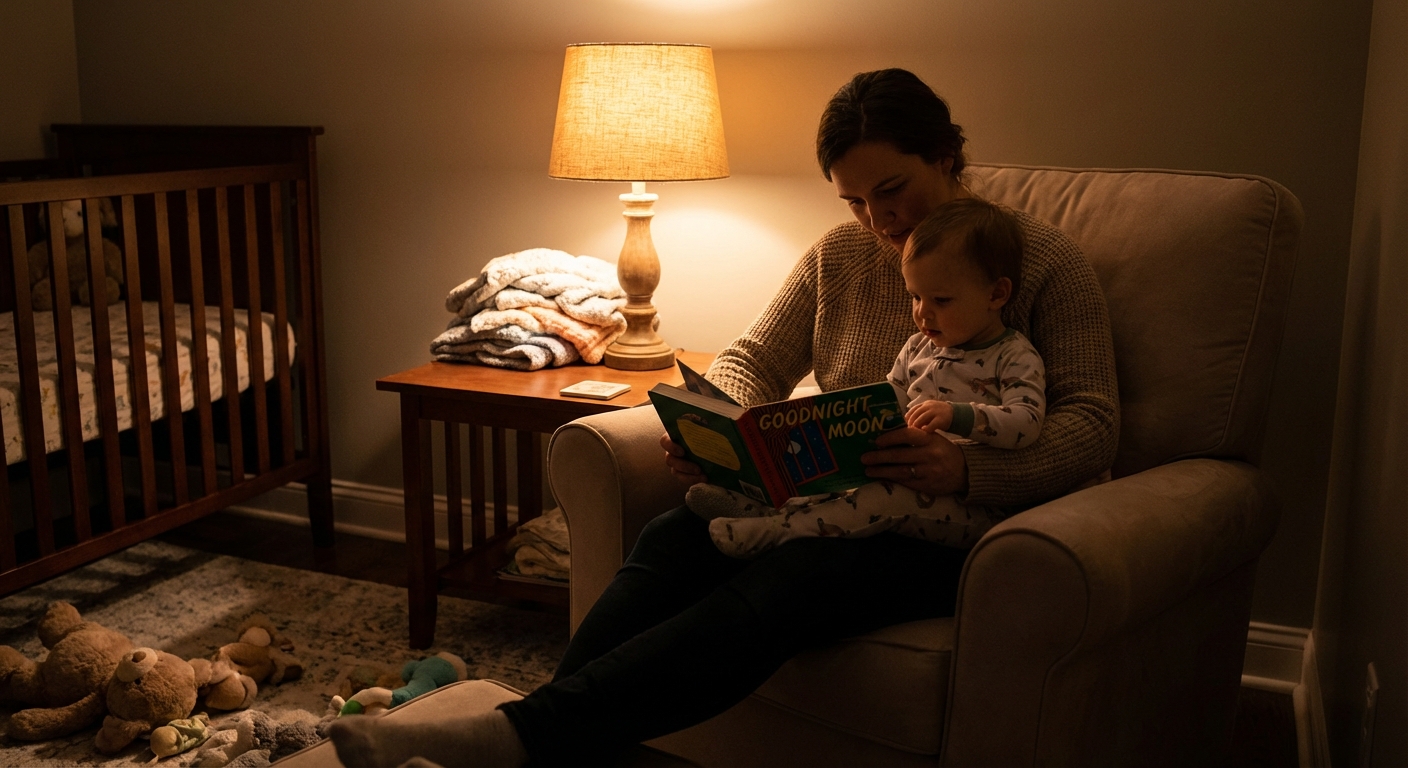 A parent reading a board book to a one-year-old in a dim nursery with a soft lamp glowing, cozy bedtime routine photo