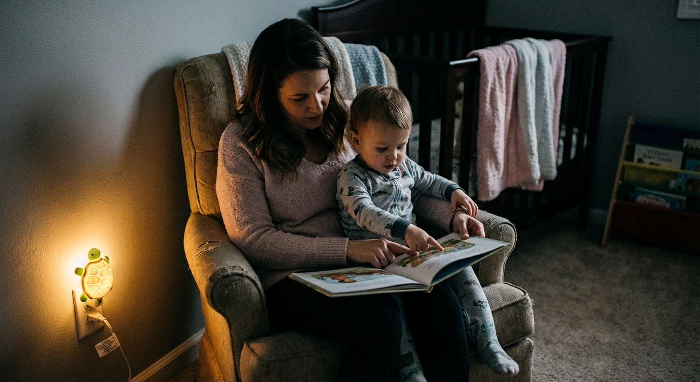 A parent reading a picture book to a toddler in a dimly lit bedroom with a nightlight, calm bedtime routine, realistic family photograph