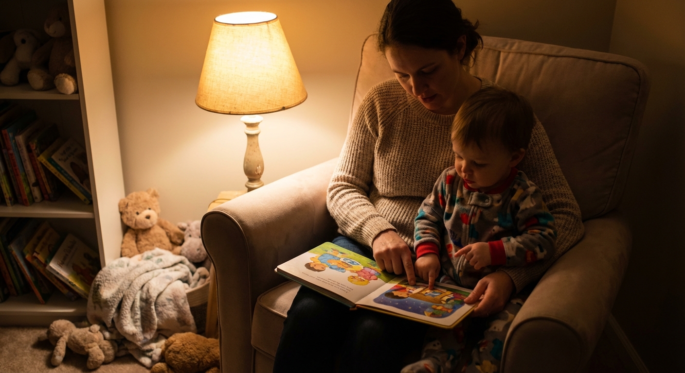 A parent reading a picture book to an 18-month-old toddler in a cozy nursery with dim bedside lamp light, toddler sitting on the parent’s lap in pajamas, realistic indoor photograph