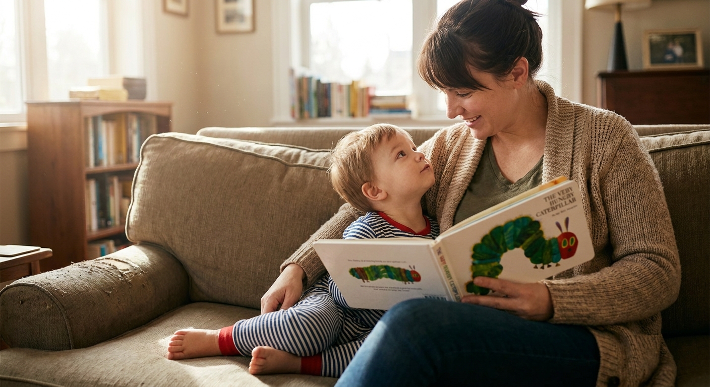 A parent reading a picture book with a toddler sitting close on a couch in a quiet living room, the child watching the parent’s face while listening, realistic photo