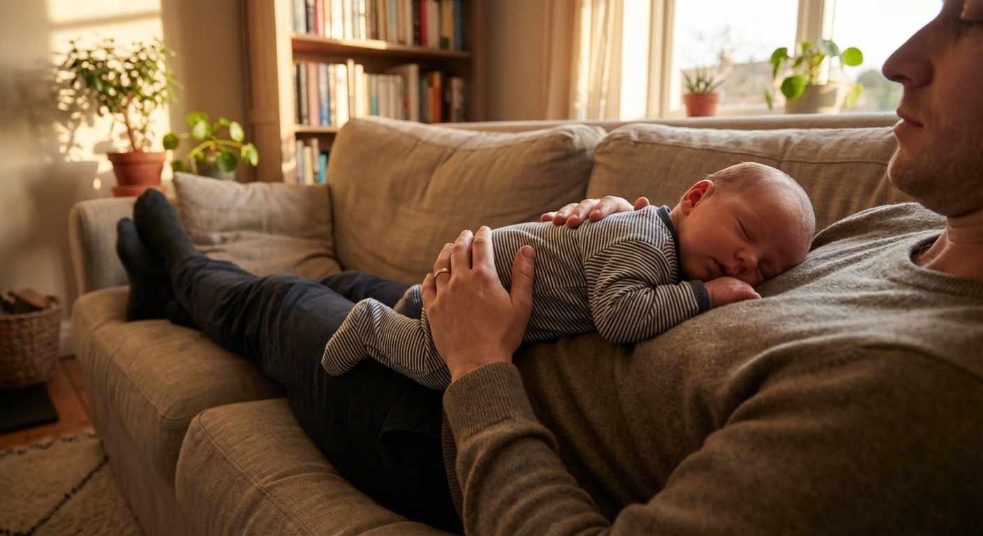 A parent reclining on a couch with a newborn lying tummy-down on their chest, the parent’s hand supporting the baby’s back, soft evening light, photorealistic photo