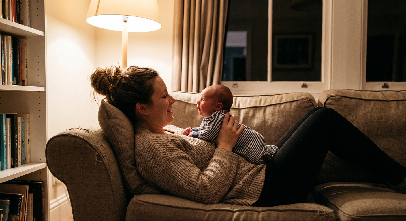 A parent reclining on a sofa holding a newborn chest-to-chest for tummy time, the baby lifting their head slightly to look at the parent, warm indoor lighting, candid photograph