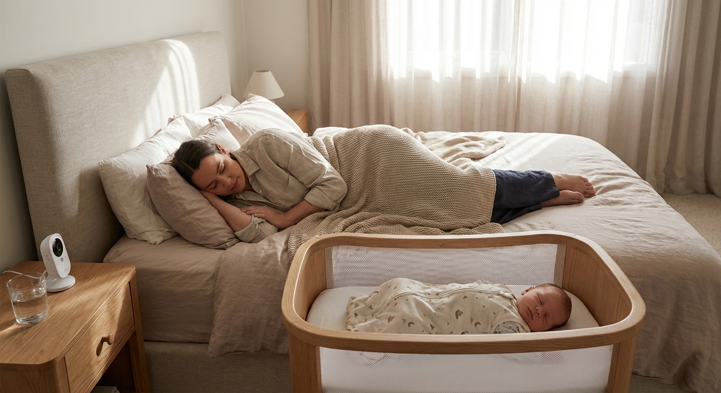 A parent resting on a bed with eyes closed while a newborn sleeps safely nearby in a bassinet, soft daylight in a quiet bedroom, real photo