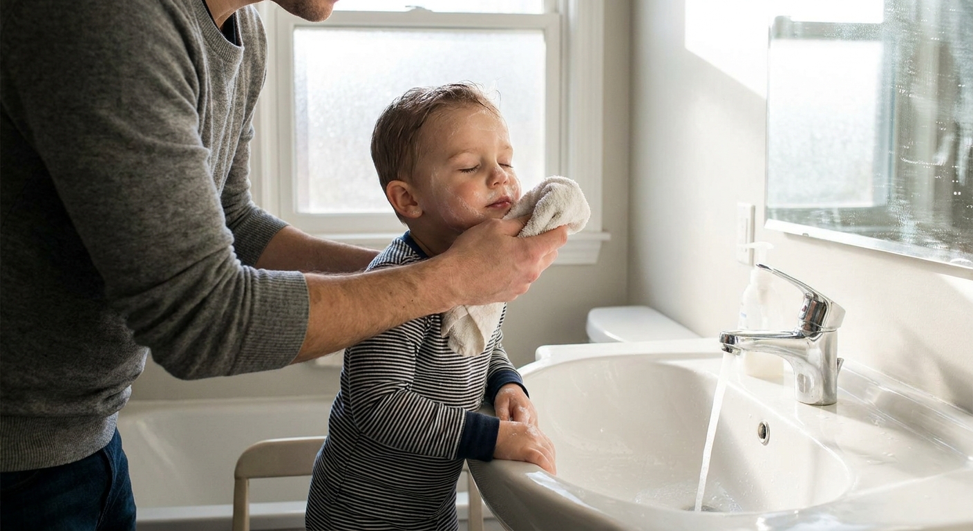 A parent rinsing a child’s face at a bathroom sink using lukewarm water and a soft washcloth, calm morning routine photo