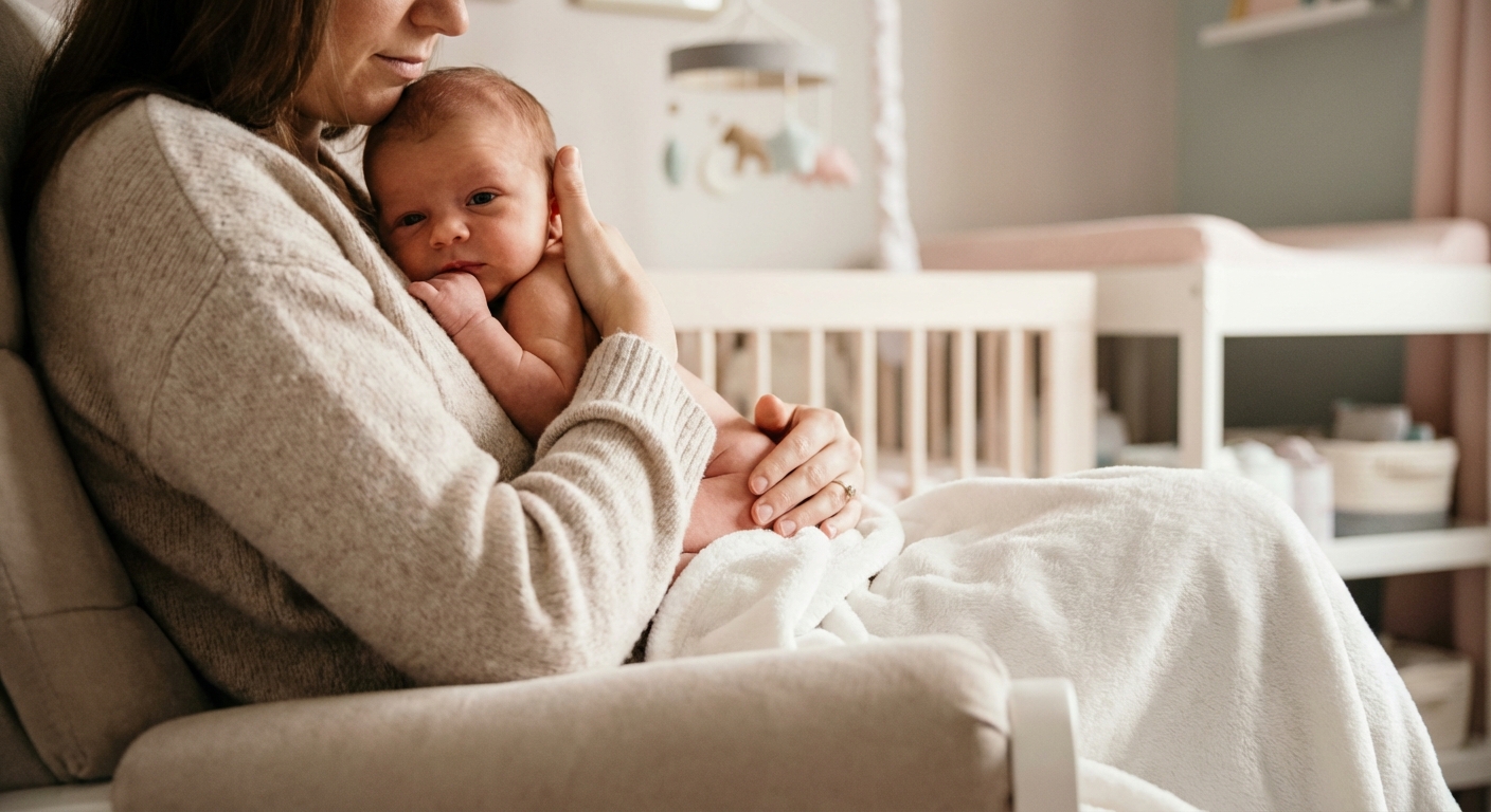 A parent seated in a nursery holding a newborn upright on their lap with one hand supporting the baby’s chest and chin, gently rubbing the baby’s back with the other hand, photorealistic photo