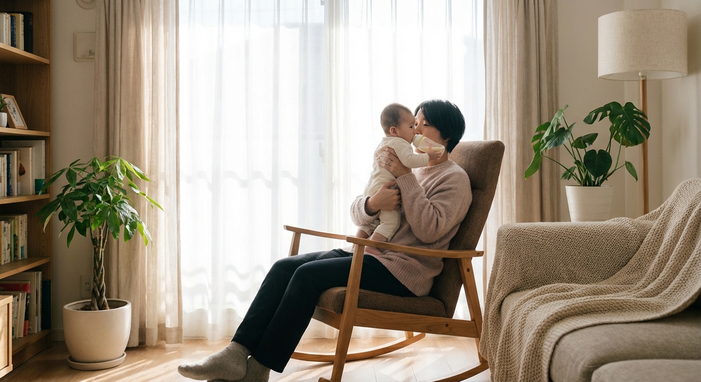 A parent seated in a rocking chair feeding a baby with a bottle while holding the baby in an upright position, calm home setting with natural window light, photorealistic lifestyle photography