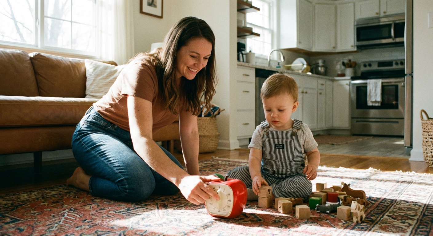 A parent setting a small kitchen timer near a toddler playing on a rug