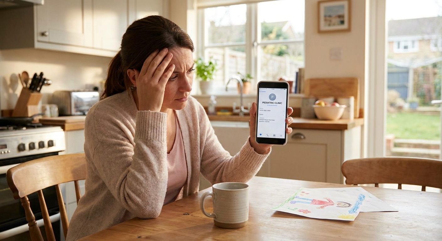 A parent sitting at a kitchen table holding a phone with a pediatric clinic contact on the screen, anxious but calm home setting