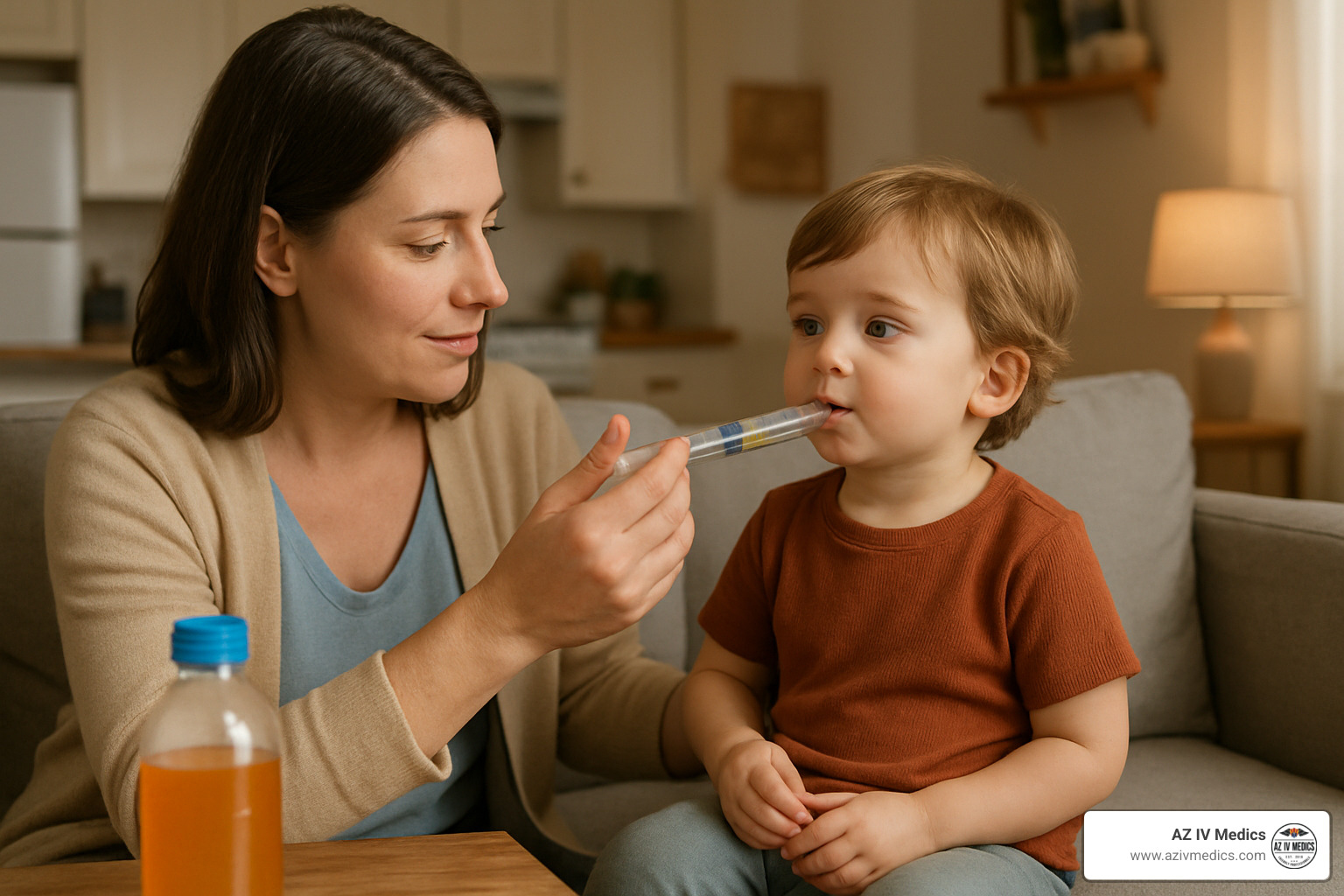 A parent sitting at a kitchen table offering a small cup of oral rehydration solution to a tired toddler, realistic home photo