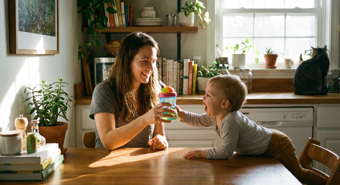 A parent sitting at a kitchen table offering a toddler a straw cup while the toddler reaches for it, cozy everyday home setting, natural light, candid photo