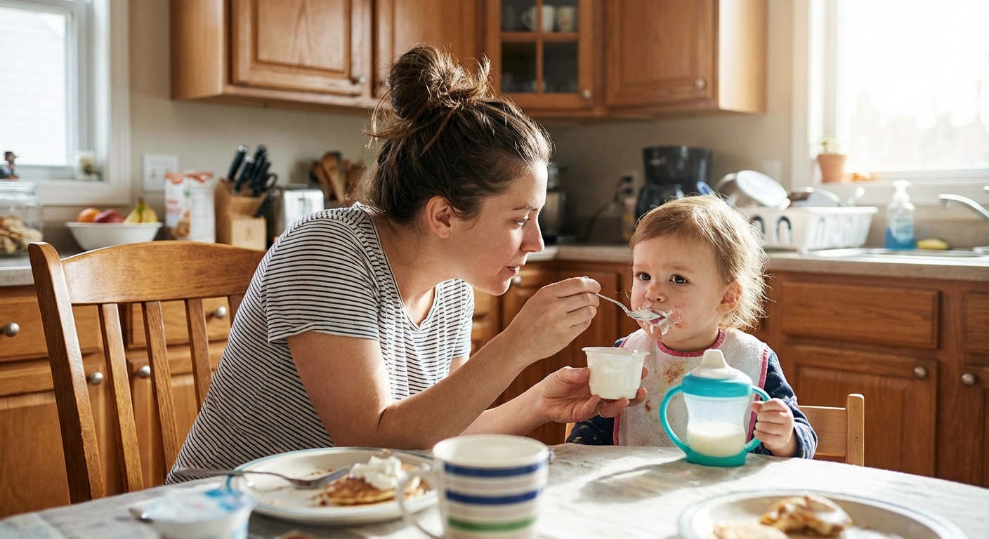 A parent sitting at a kitchen table offering a toddler a spoonful of yogurt while the toddler holds a cup, realistic photo
