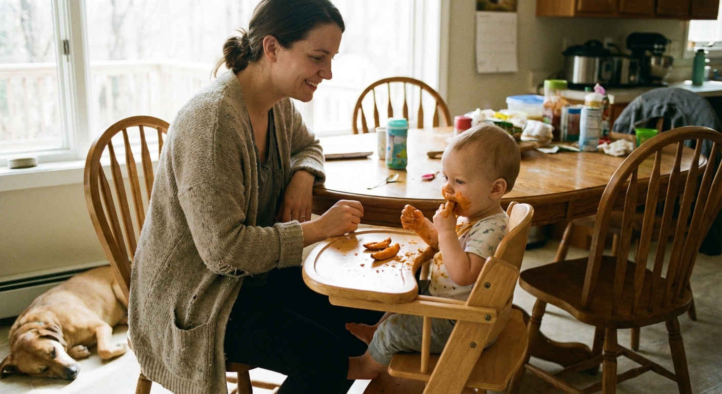 A parent sitting at a kitchen table watching a baby self-feed soft roasted sweet potato wedges in a high chair, casual mealtime scene, natural light photograph