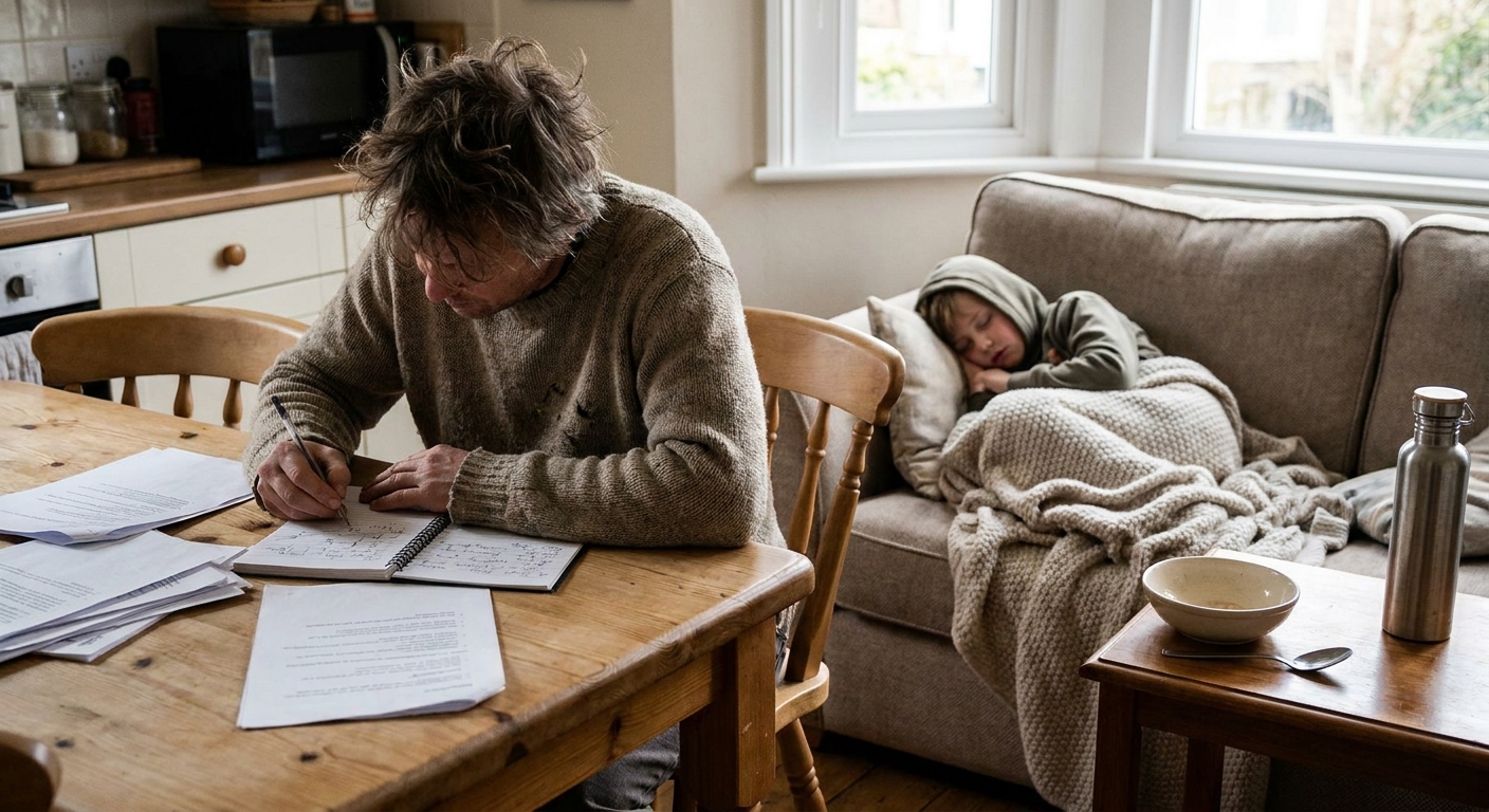 A parent sitting at a kitchen table writing notes in a notebook while a school-age child sleeps on a nearby sofa with a clean bowl and water bottle on a side table, candid home photo