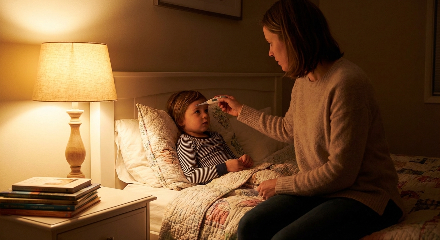 A parent sitting beside a child on a bed gently taking the child’s temperature with a digital thermometer, warm bedside lamp light, calm nighttime home setting