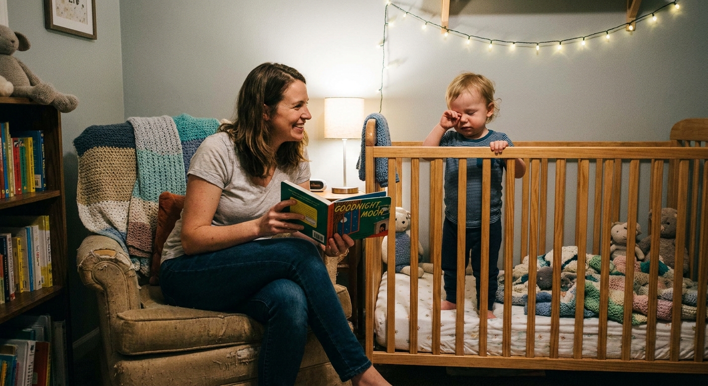 A parent sitting beside a crib reading a bedtime book to a 16-month-old toddler in a dim, cozy nursery, real-life photo style