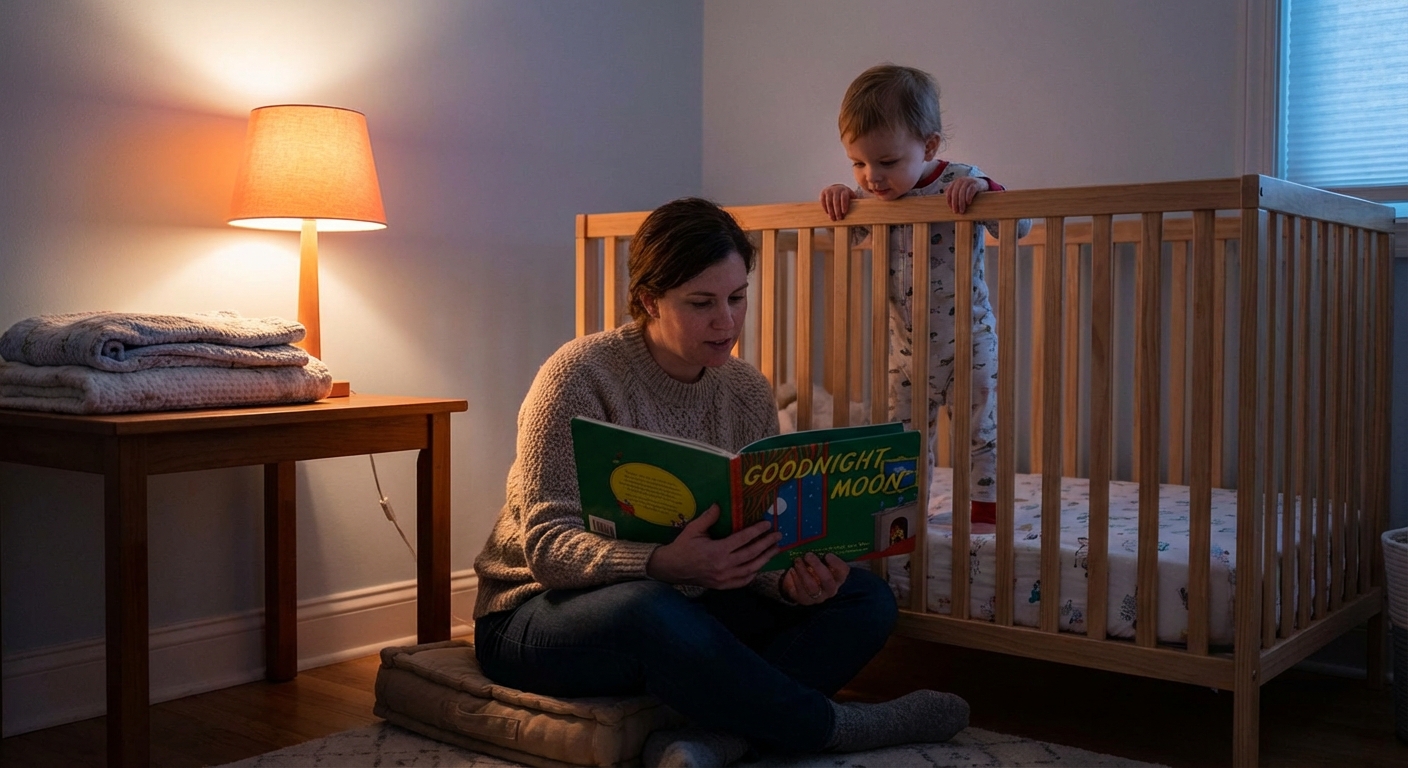 A parent sitting beside a toddler in a crib at bedtime reading a picture book under a warm bedside lamp, cozy realistic family photograph