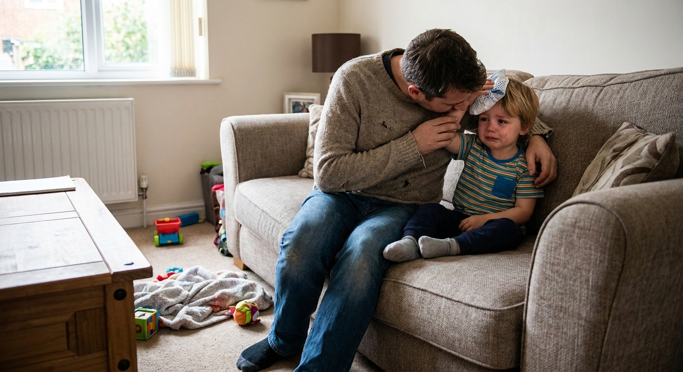 A parent sitting beside a young child on a couch, calmly talking and offering comfort after a head bump, realistic home setting photo