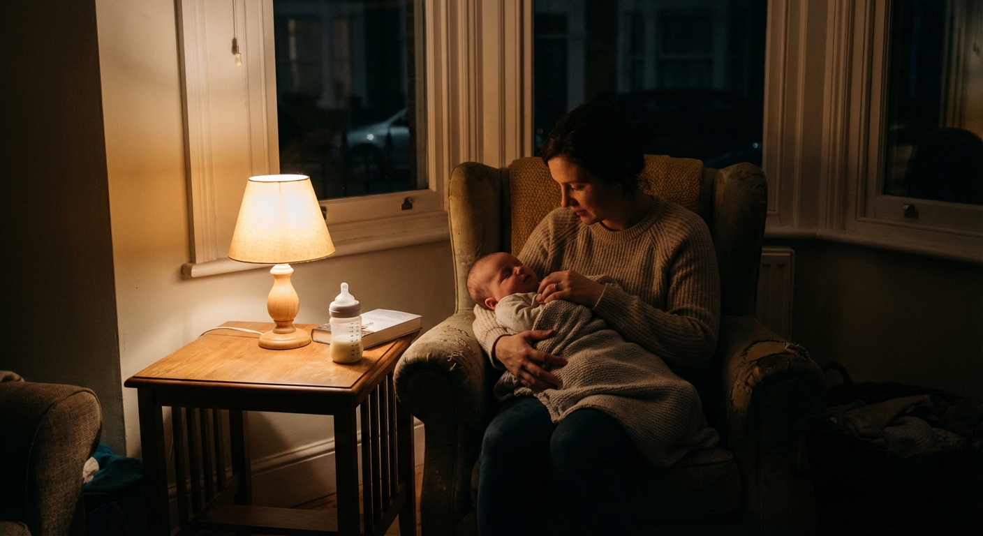A parent sitting in a dark living room holding a sleeping baby with a bottle nearby on a side table, soft lamp light and quiet nighttime atmosphere, photorealistic lifestyle photography