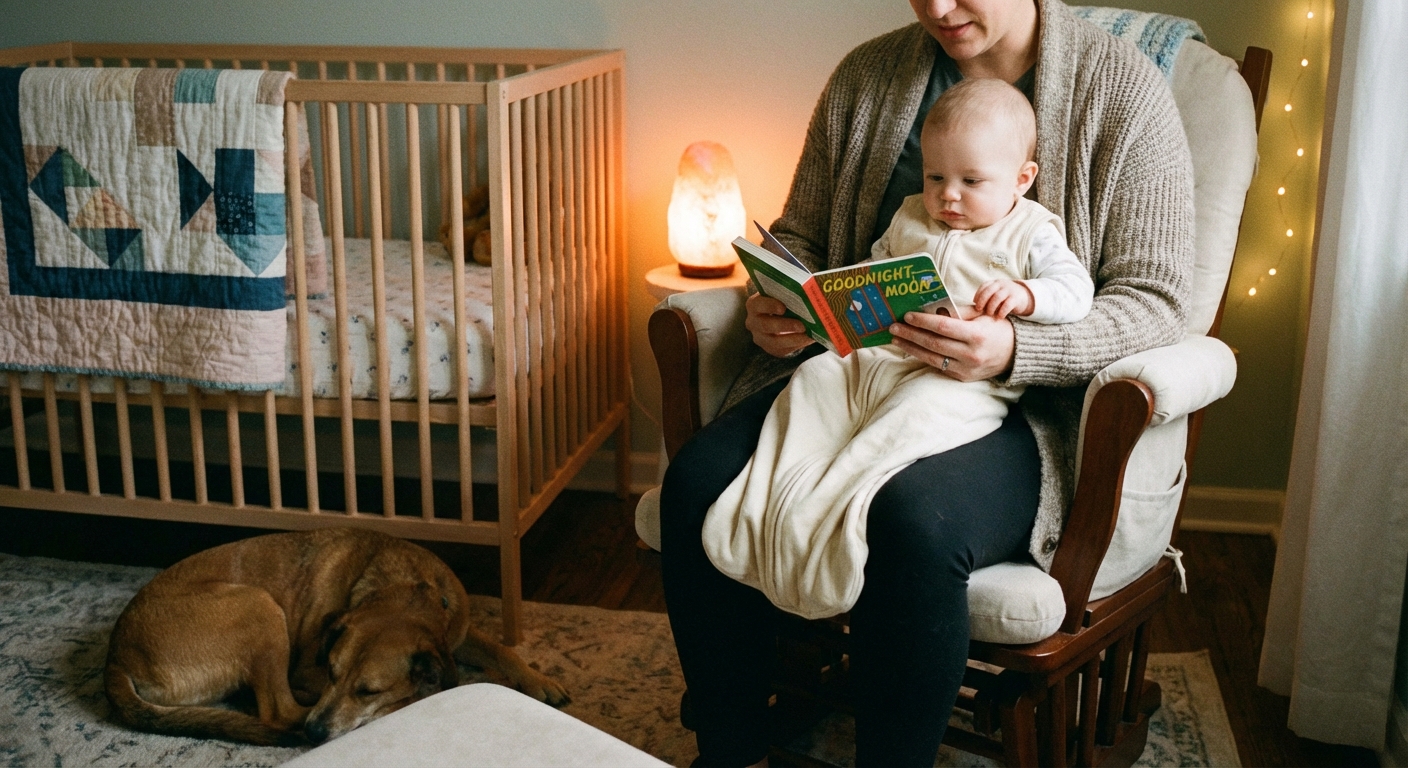 A parent sitting in a dim nursery reading a small board book to a six-month-old baby in a sleep sack beside a crib, warm cozy photo