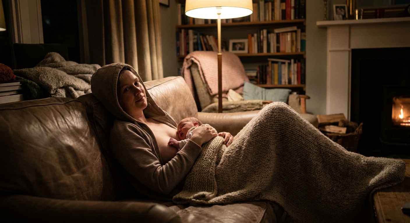 A parent sitting in a dimly lit living room holding a baby skin-to-skin under a thick blanket, comforting and warming the infant