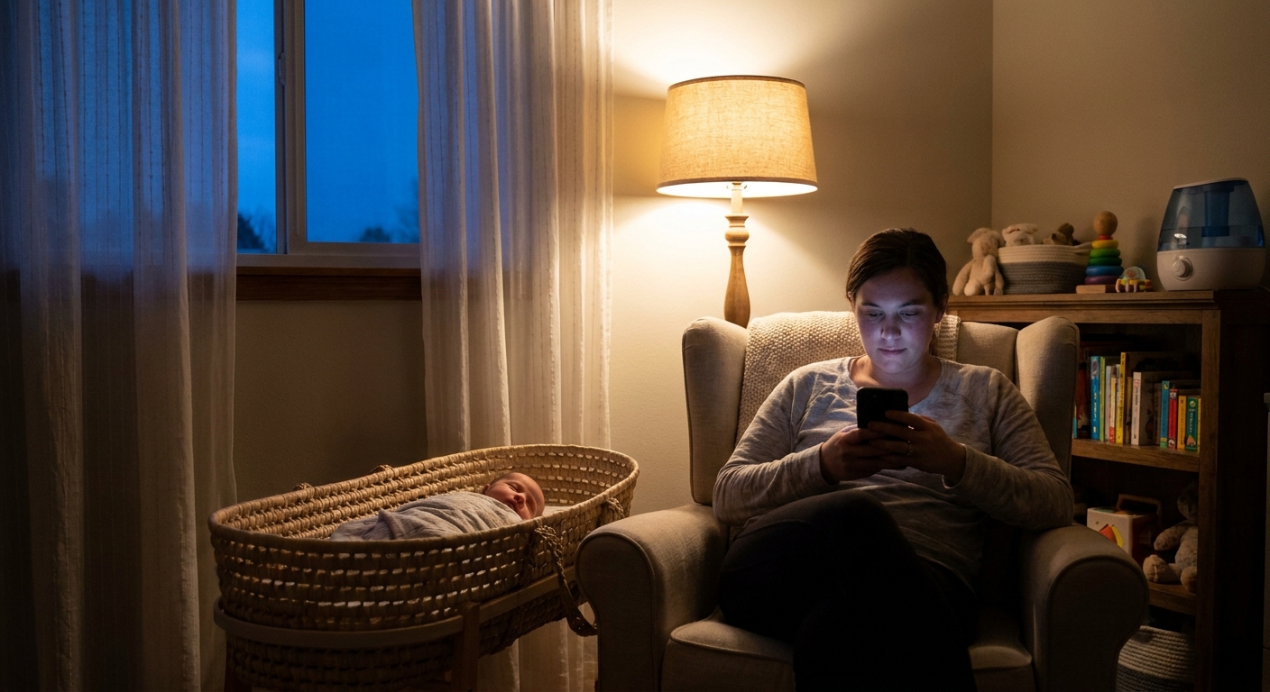 A parent sitting in a nursery holding a smartphone and a sleeping infant nearby in a bassinet, softly lit evening scene, realistic photo