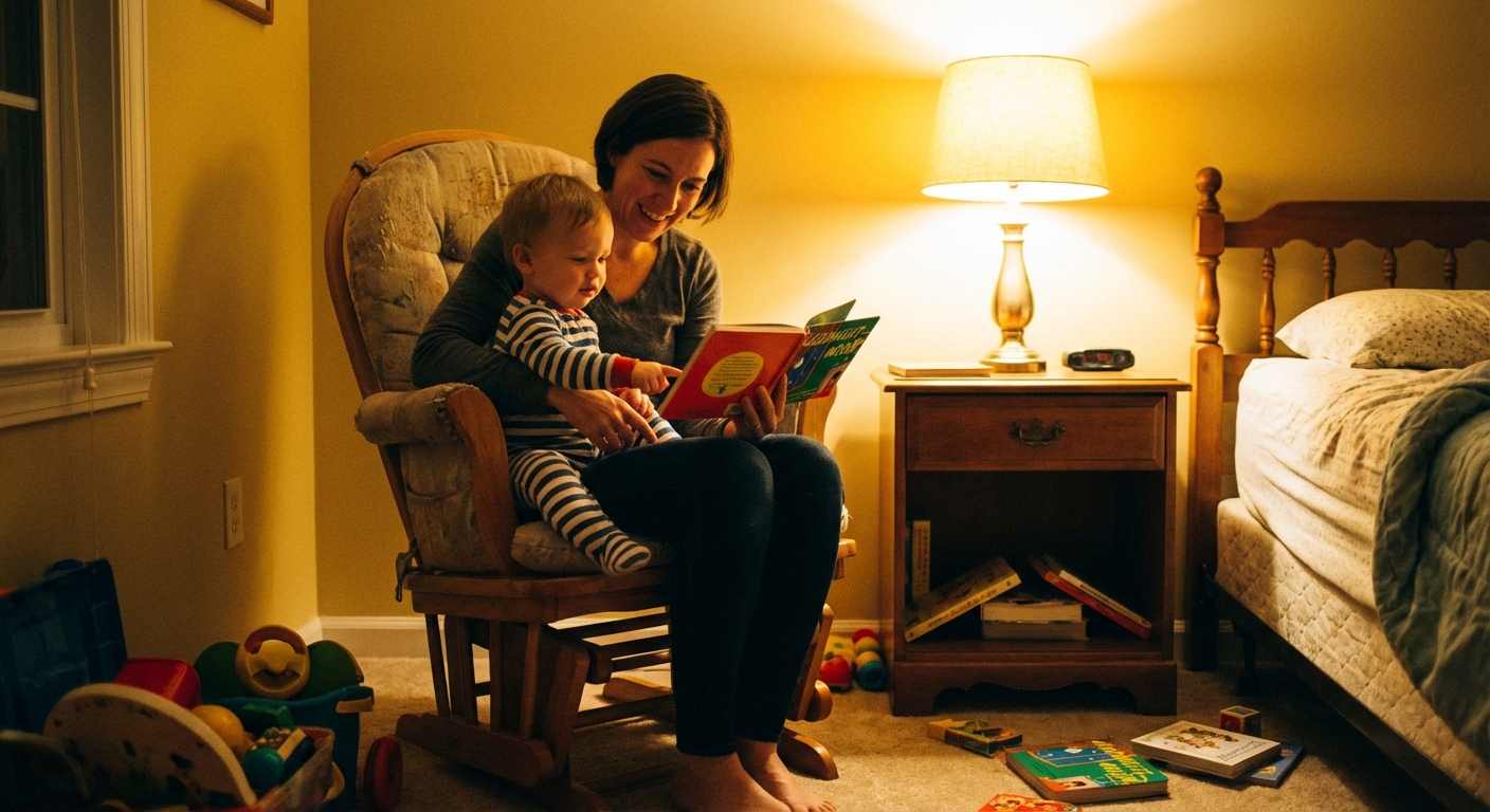 A parent sitting in a rocking chair reading a board book to a 1-year-old toddler in pajamas, warm lamp light and bedtime calm in a real home bedroom