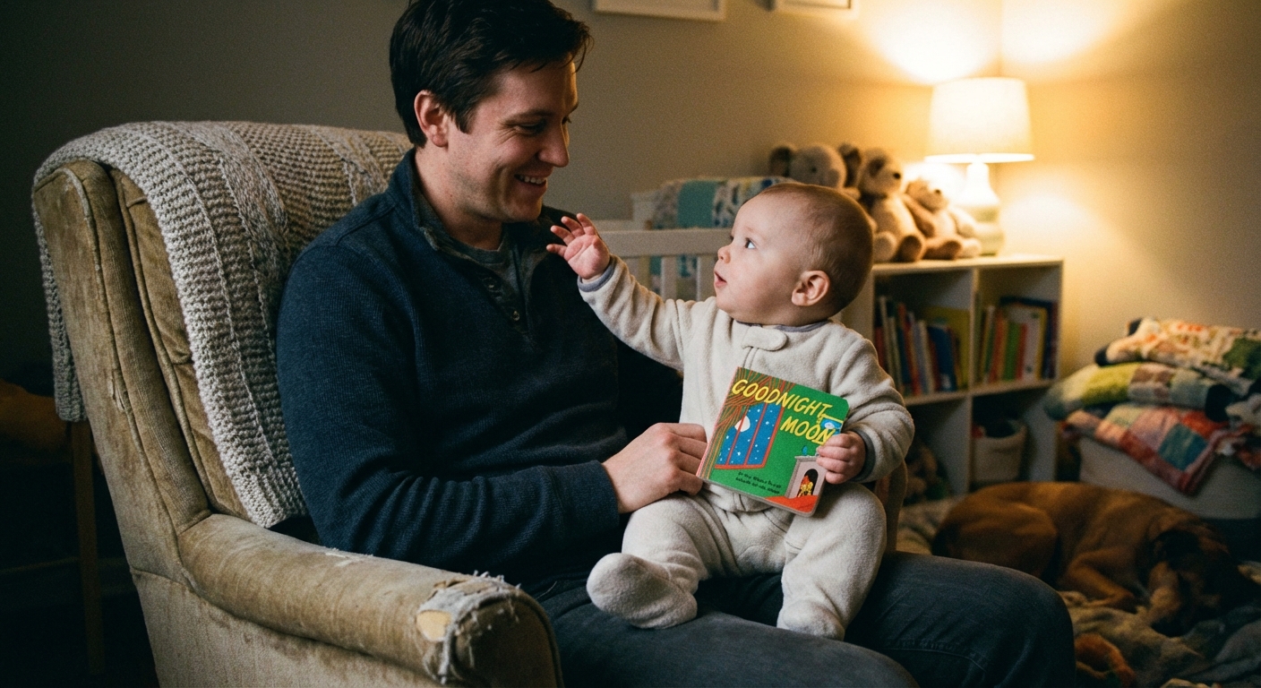 A parent sitting in a rocking chair reading a small board book to a baby on their lap, the baby reaching toward the pages, cozy nursery lighting, candid family photograph