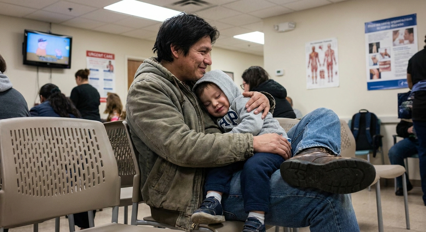 A parent sitting in an urgent care waiting room holding a tired child on their lap, both looking relieved and comforted, realistic photo