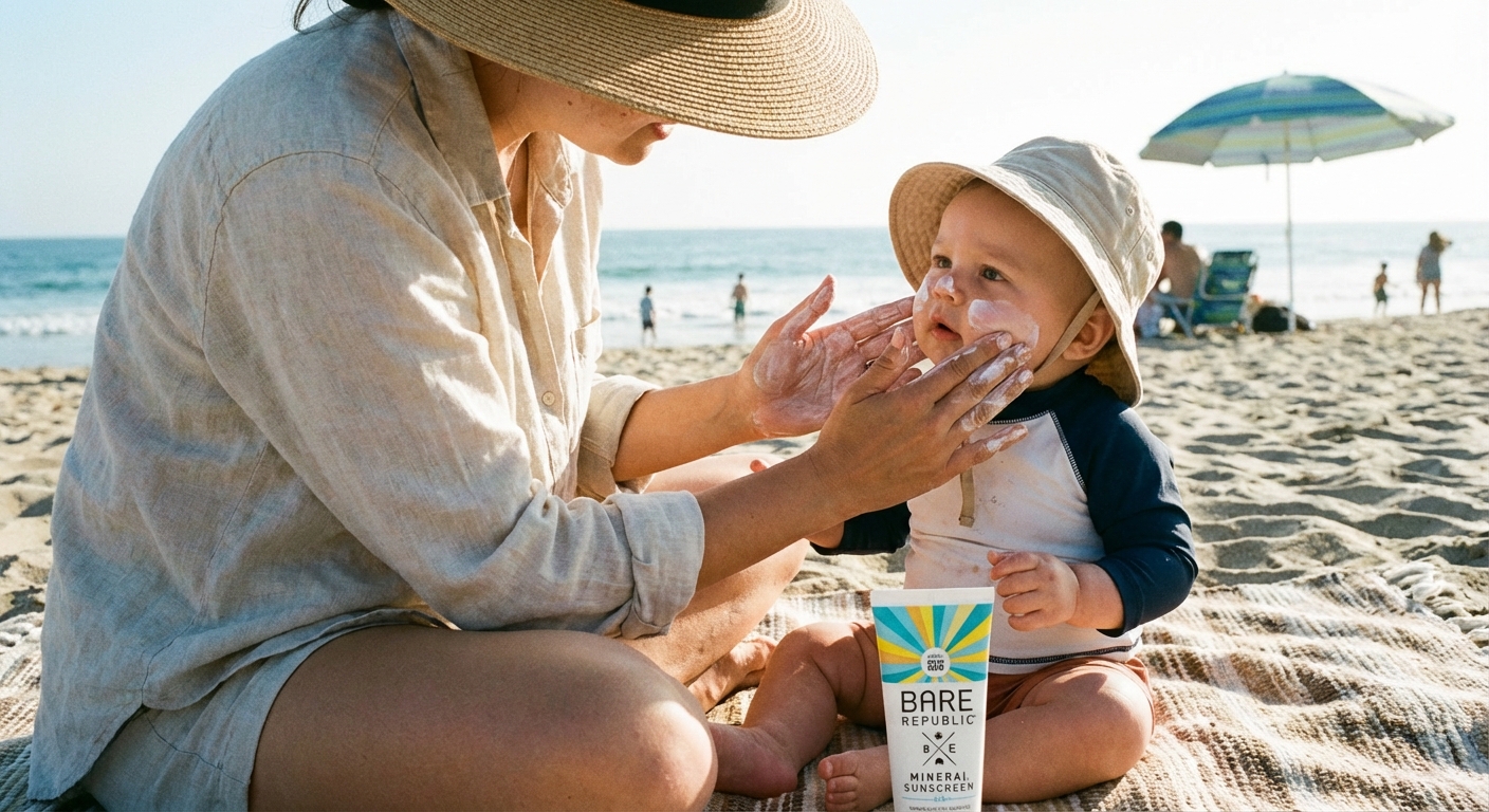 A parent sitting on a beach blanket applying mineral sunscreen to a baby’s cheeks while the baby looks curiously at the parent’s hands, bright natural daylight, photorealistic lifestyle photograph