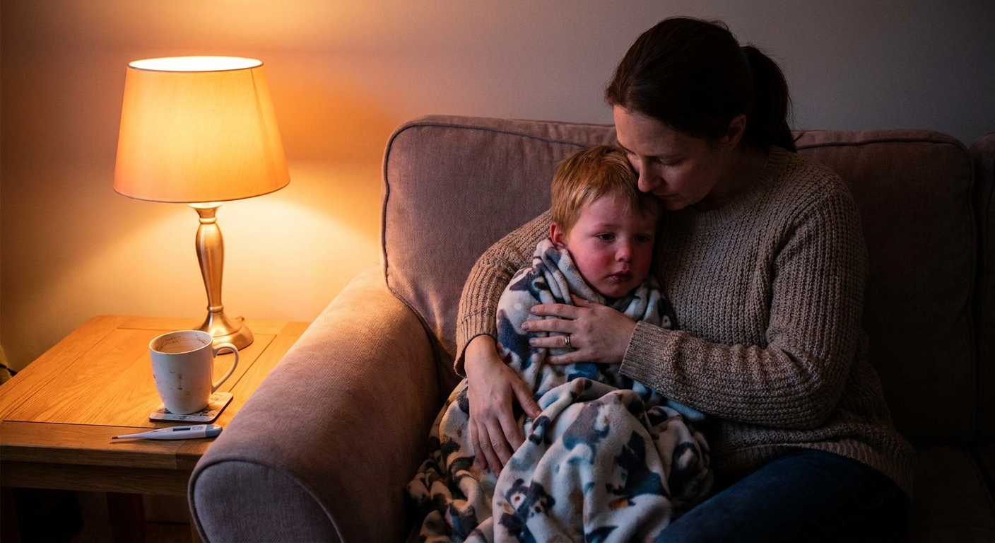 A parent sitting on a couch holding a preschool child wrapped in a soft blanket, comforting them during a fever, warm indoor lighting, realistic photo