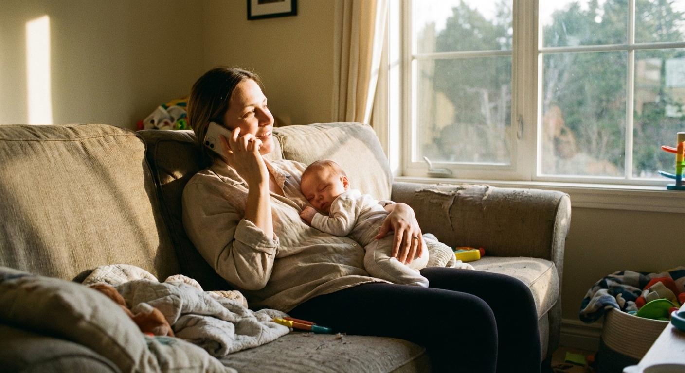 A parent sitting on a couch holding a sleeping baby while talking on a smartphone, afternoon natural light, realistic lifestyle photography