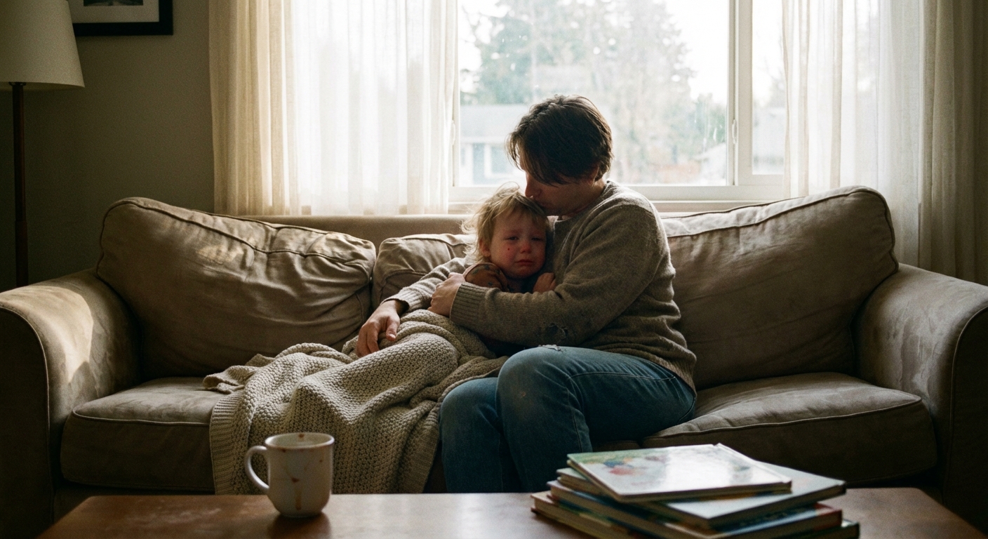 A parent sitting on a couch holding a tired toddler close after a crying episode, soft window light, calm home setting, candid family photograph