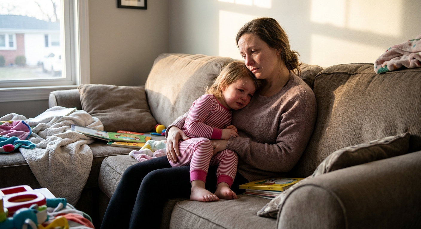A parent sitting on a couch holding and calming a child who is sitting upright and leaning slightly forward, realistic home photograph