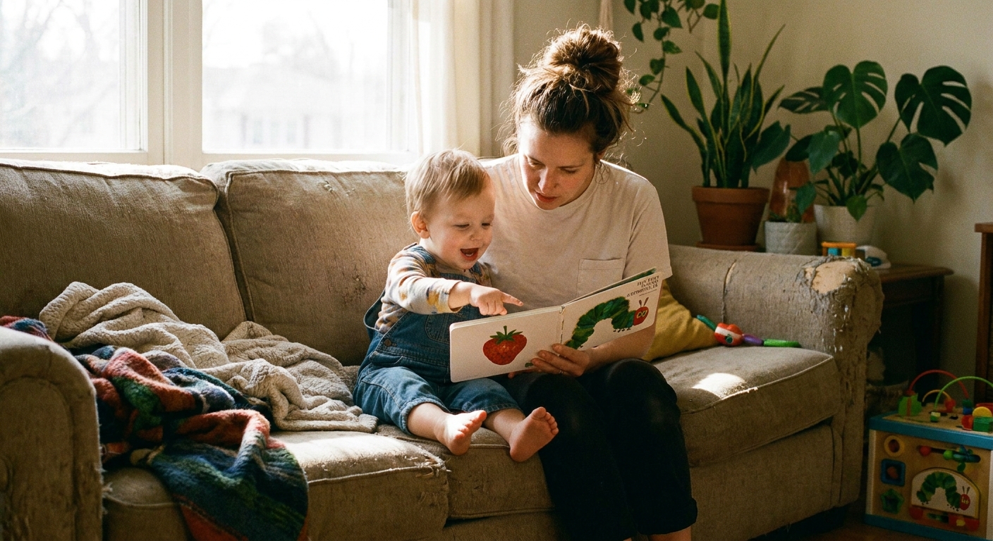 A parent sitting on a couch reading a board book with a toddler who is pointing at a picture on the page, warm indoor natural light photo