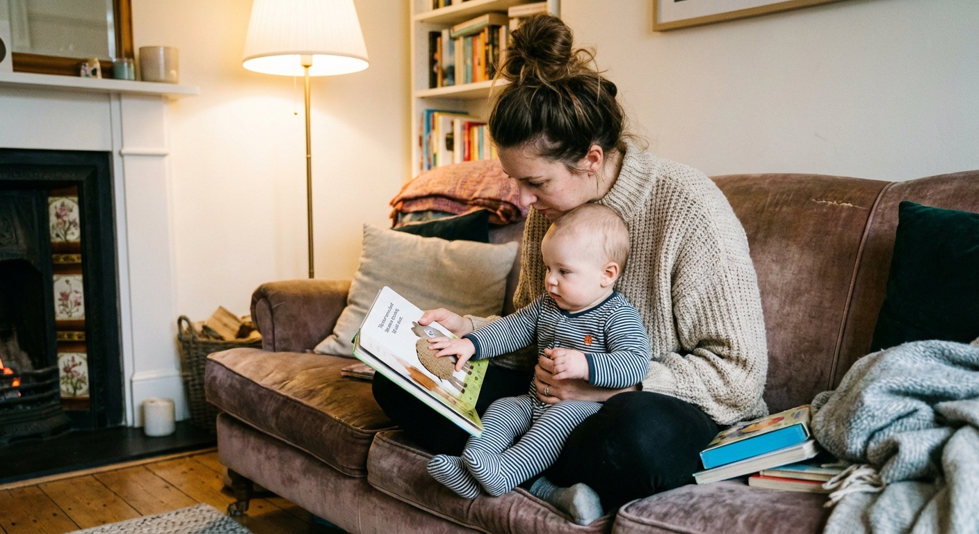 A parent sitting on a couch reading a picture book to a baby on their lap, the baby touching the pages, cozy living room lighting, candid photograph
