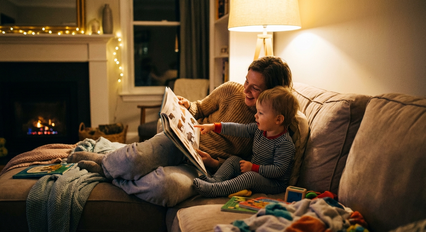 A parent sitting on a couch reading a picture book to a toddler who is pointing at a page, cozy evening indoor light, realistic candid photograph