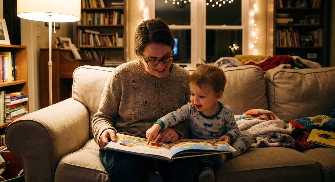 A parent sitting on a couch reading a picture book while a toddler points at a page, cozy indoor evening light, real-life family photography style